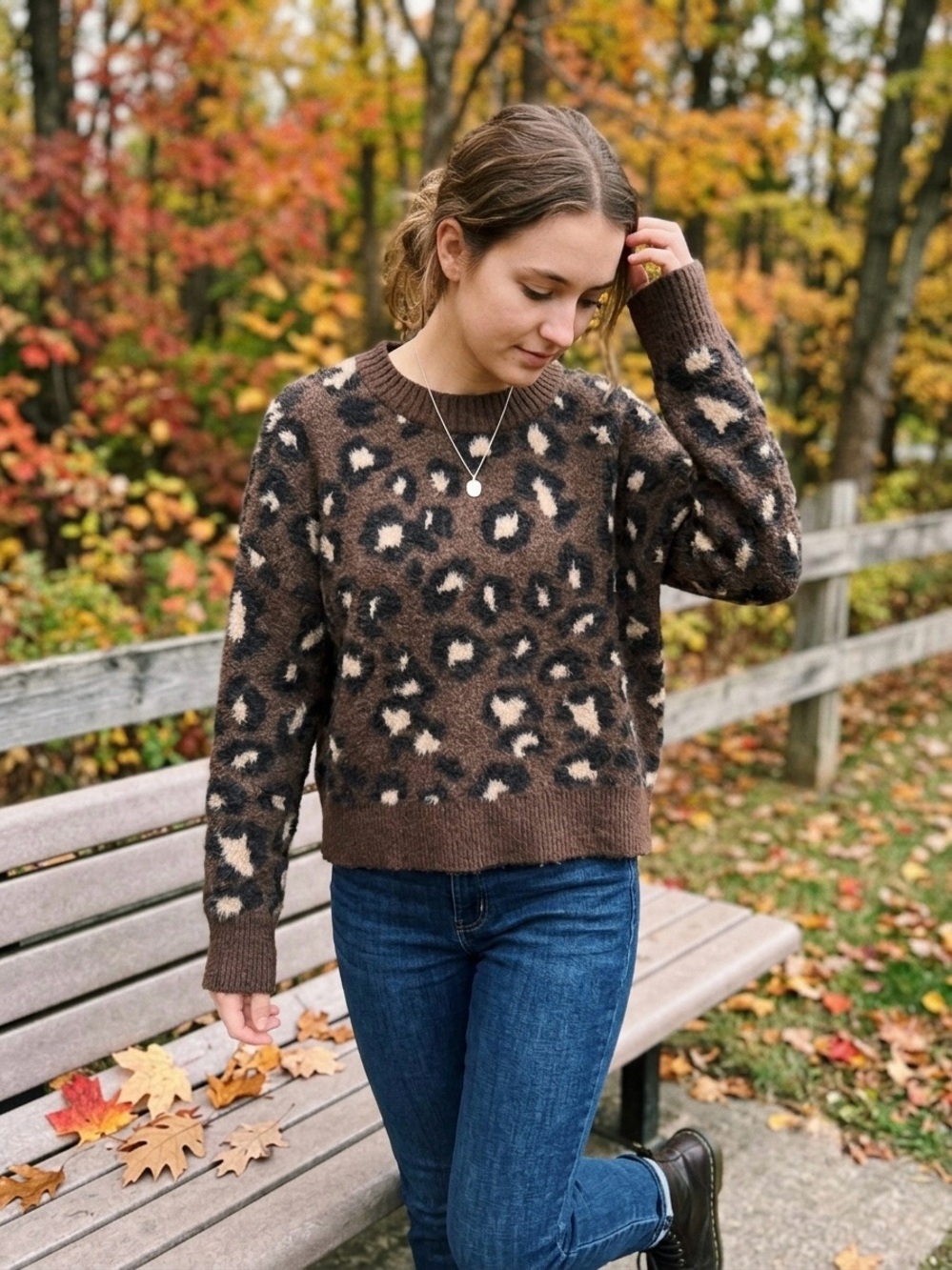 American Eagle Outfitters Brown Leopard-Print Crewneck Sweater